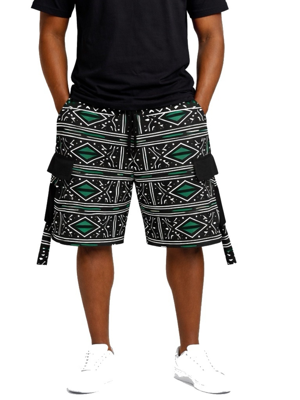 Unisex African Print (Ankara) Cargo Shorts in Black & Green